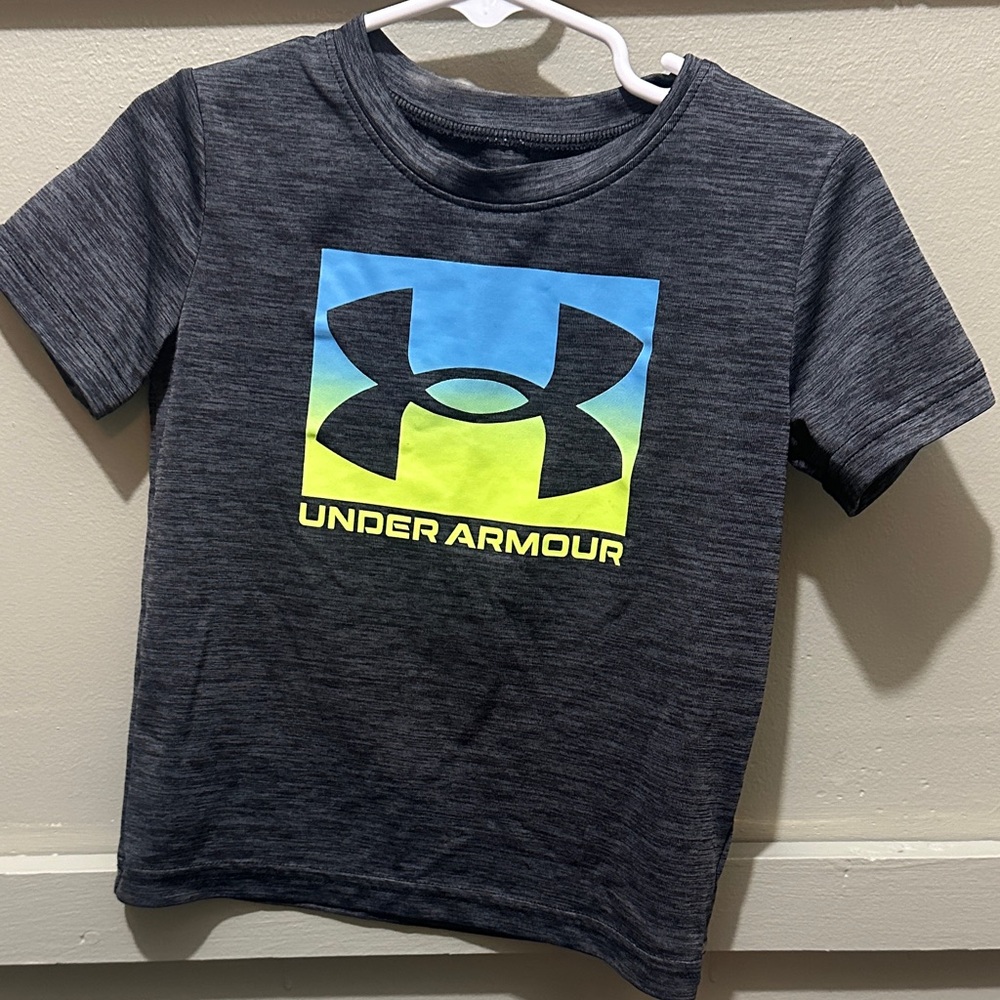 Under Armour Kids Charcoal Tee with Blue and Yellow Logo